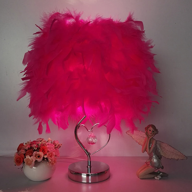 Riley - Modern Single Nightstand Lamp Red/White/Pink Bucket Shaped Table Light With Feather Shade