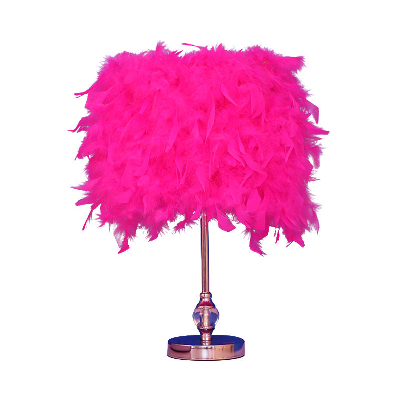Lara - Simplicity Drum Night Lamp Feather 1 - Light Bedroom Table Lighting In Pink/Red/Yellow With