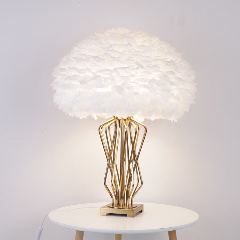 Rasalas - Feather Half - Globe Table Lamp Post - Modern Single White And Brass Night Light With