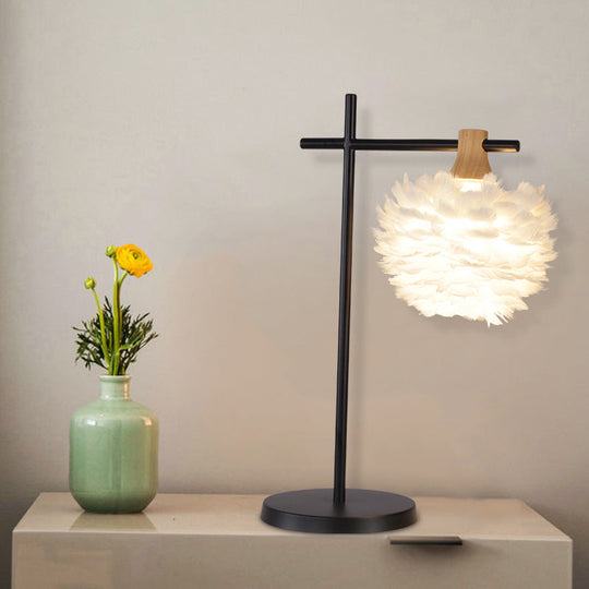 Julia - Nordic Mini Globe Night Light Feather Table Lamp: Black - White