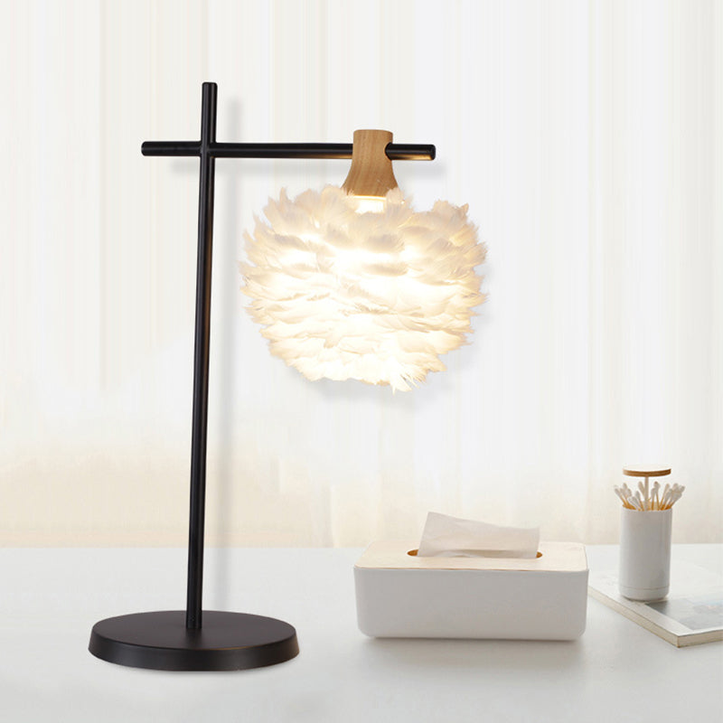 Julia - Nordic Mini Globe Night Light Feather Table Lamp: Black - White