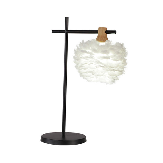 Julia - Nordic Mini Globe Night Light Feather Table Lamp: Black - White
