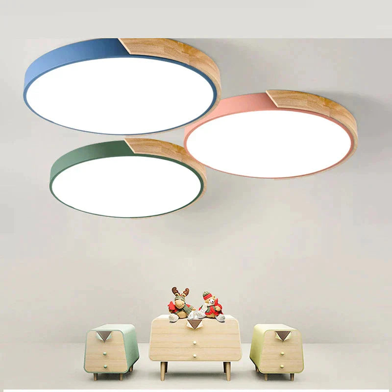 Led Discolor Ceiling Lamp Acrylic Wooden Round Multicolor 18W Surface Mounted Lighting Fixtures