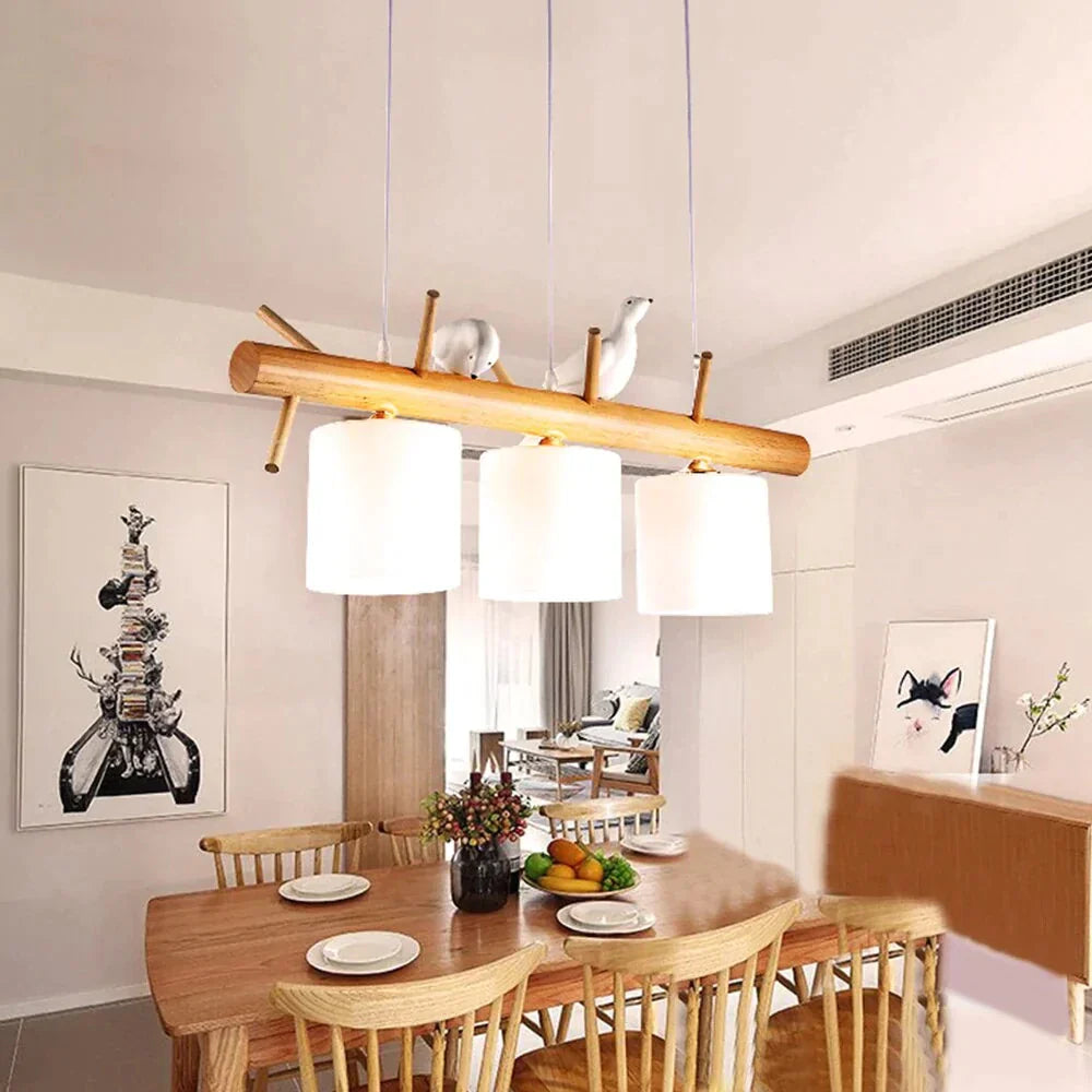 Solid Wood Chandelier Birds Simple Modern Restaurant Glass Lampshades Dining Room Bedroom Hanging