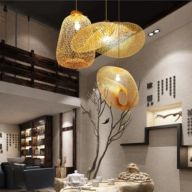 Bamboo Led E27 Wicker Rattan Wave Shade Pendant Light Vintage Japanese Lamp Suspension Home Indoor