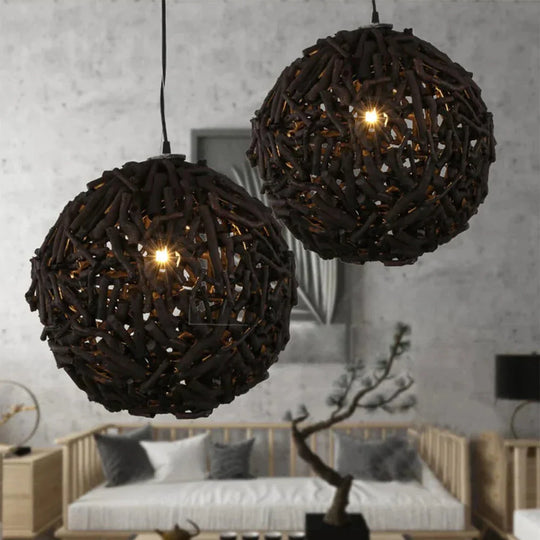 Led 45Cm Black Round Ball Pendant Lights Creative Personality Retro E27 Bulb Diy Tree Roots Hand -