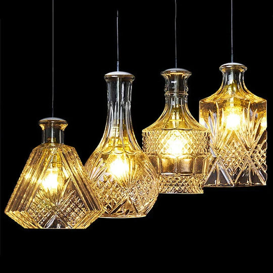 Modern Personality E27 Glass Hanging Lights Wine Bottle Engraved Pendant Lamps For Dining Room