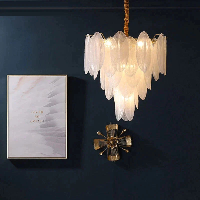 Luxury Brass Chandelier Living Milky White Glass Feather Lustre Hall Copper Lighting Corridor