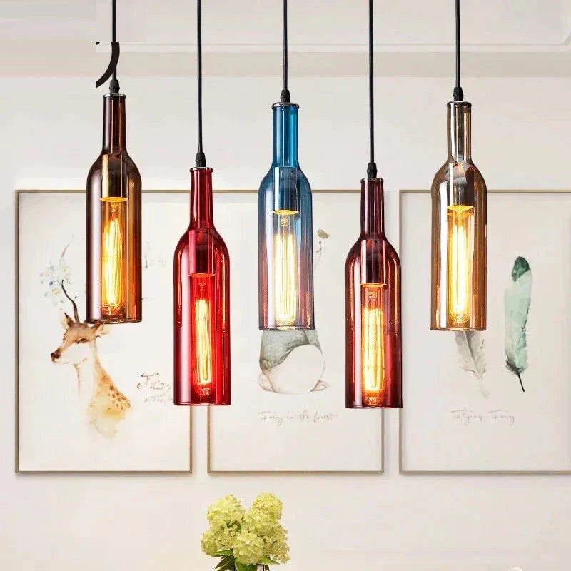 Vintage Creative Beer Bottle Glass Pendant Light Led E27 With 5 Colors Loft Hanging Lal Restaurant