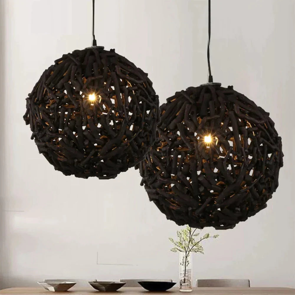 Led 45Cm Black Round Ball Pendant Lights Creative Personality Retro E27 Bulb Diy Tree Roots Hand -