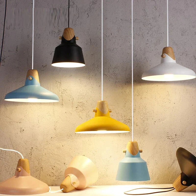 Nordic Pendant Lights Macaron Color Creative Single Head Solid Wood Lamps Aluminum Alloy Lampshade