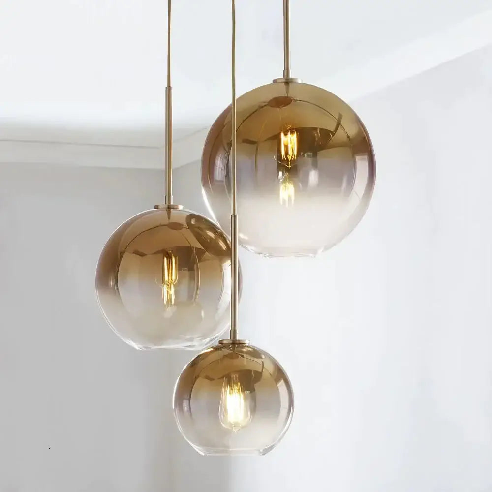 1Pc Modern E27 Led Nordic Pendant - Gradient Glass Globe Ball Home & Shop 20Cm Amber
