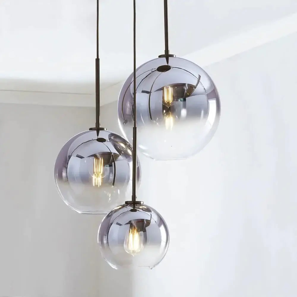1Pc Modern E27 Led Nordic Pendant - Gradient Glass Globe Ball Home & Shop 20Cm Silver