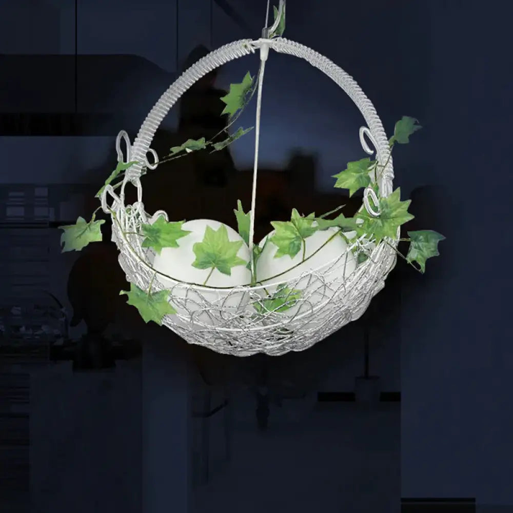 2 Bulbs Basket Chandelier Light Pastoral White Metal Pendant With Orb Opal Glass Shade And Leaf