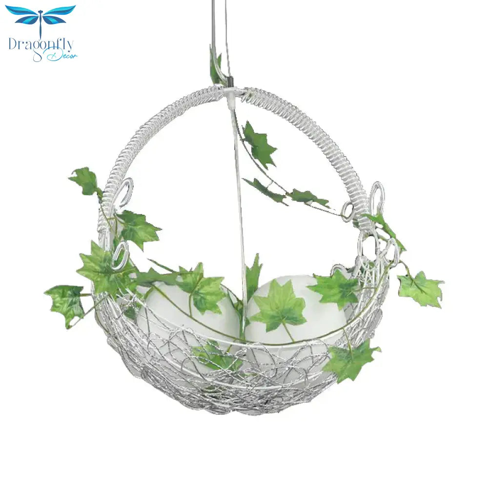 2 Bulbs Basket Chandelier Light Pastoral White Metal Pendant With Orb Opal Glass Shade And Leaf