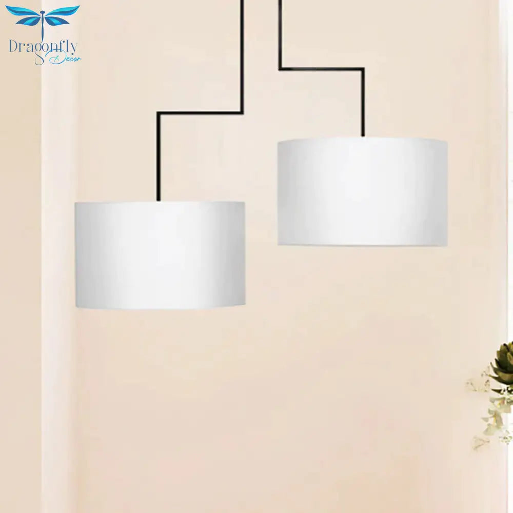 2 Bulbs Drum Chandelier Light Traditional Black/White Fabric Hanging Ceiling Fixture For Dining