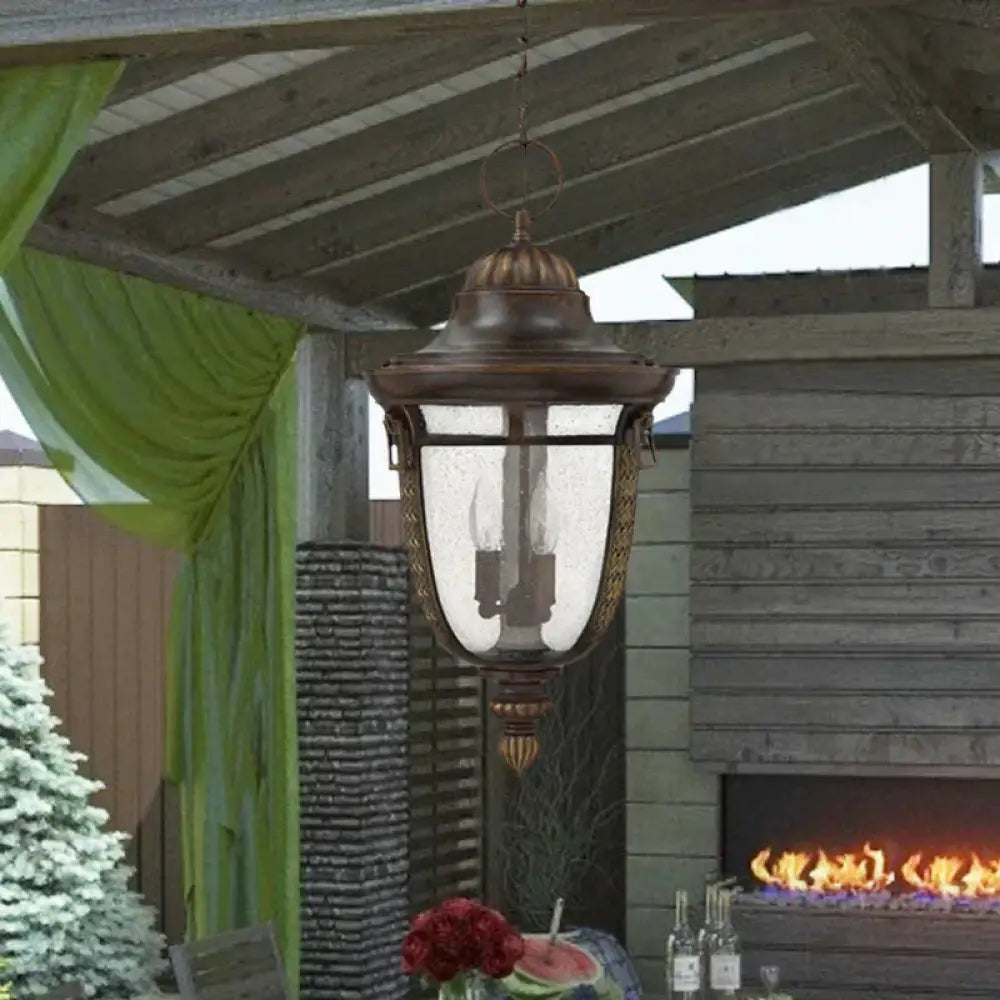 2 - Head Clear Seedy Glass Chandelier Rustic Bronze Urn Shape Courtyard Pendant Light
