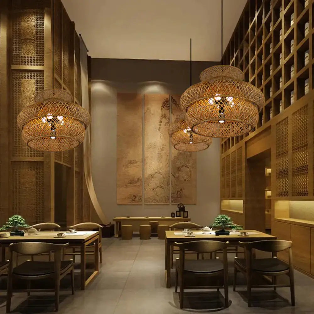 2 - Layer Suspension Pendant Retro Bamboo Led Wood Hanging Light Kit For Restaurant