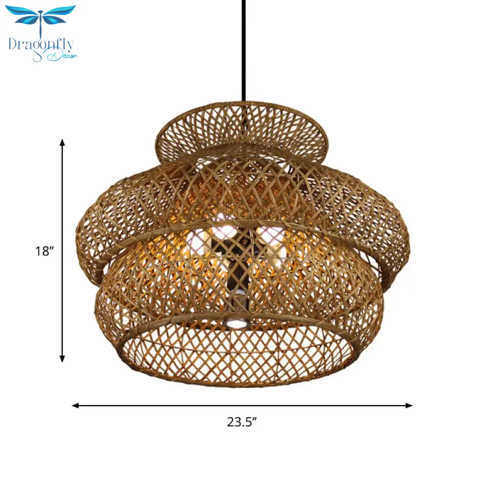 2 - Layer Suspension Pendant Retro Bamboo Led Wood Hanging Light Kit For Restaurant