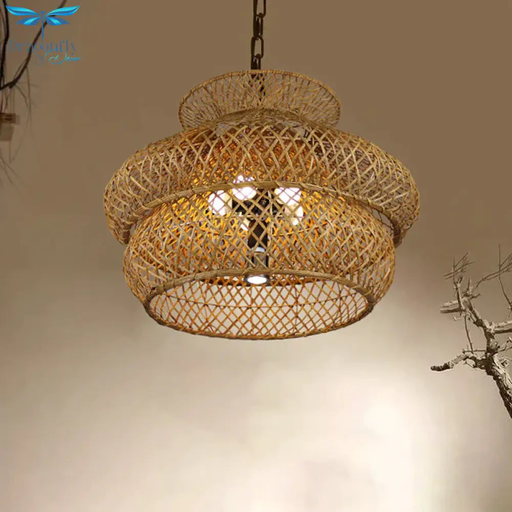 2 - Layer Suspension Pendant Retro Bamboo Led Wood Hanging Light Kit For Restaurant