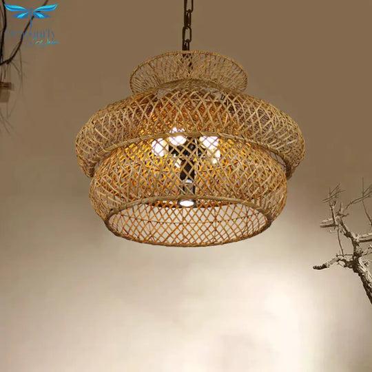 2 - Layer Suspension Pendant Retro Bamboo Led Wood Hanging Light Kit For Restaurant