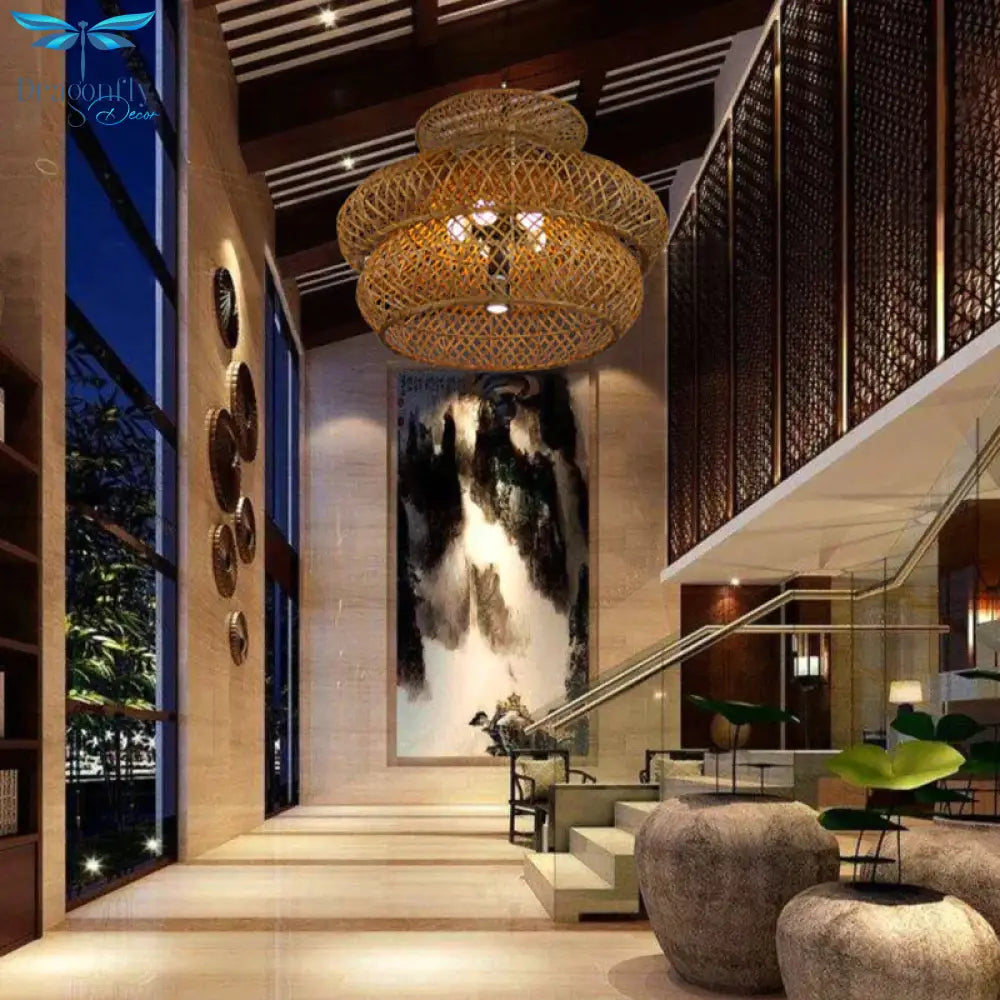 2 - Layer Suspension Pendant Retro Bamboo Led Wood Hanging Light Kit For Restaurant