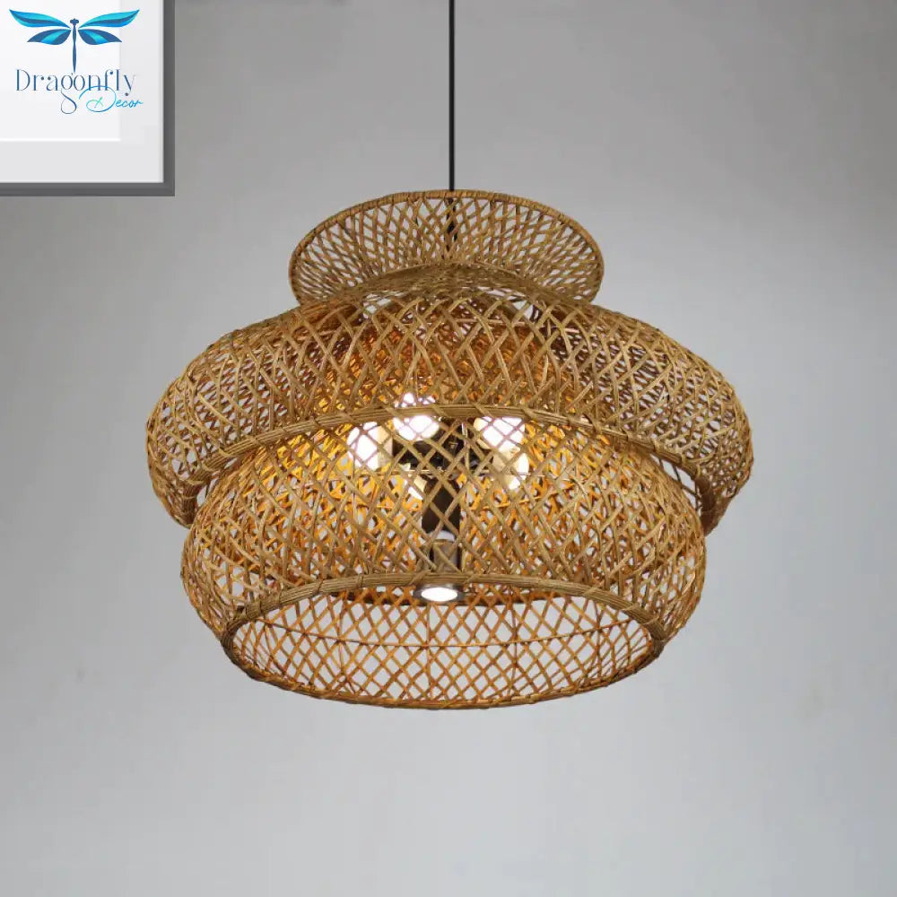 2 - Layer Suspension Pendant Retro Bamboo Led Wood Hanging Light Kit For Restaurant