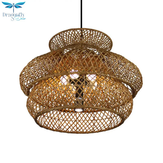 2 - Layer Suspension Pendant Retro Bamboo Led Wood Hanging Light Kit For Restaurant