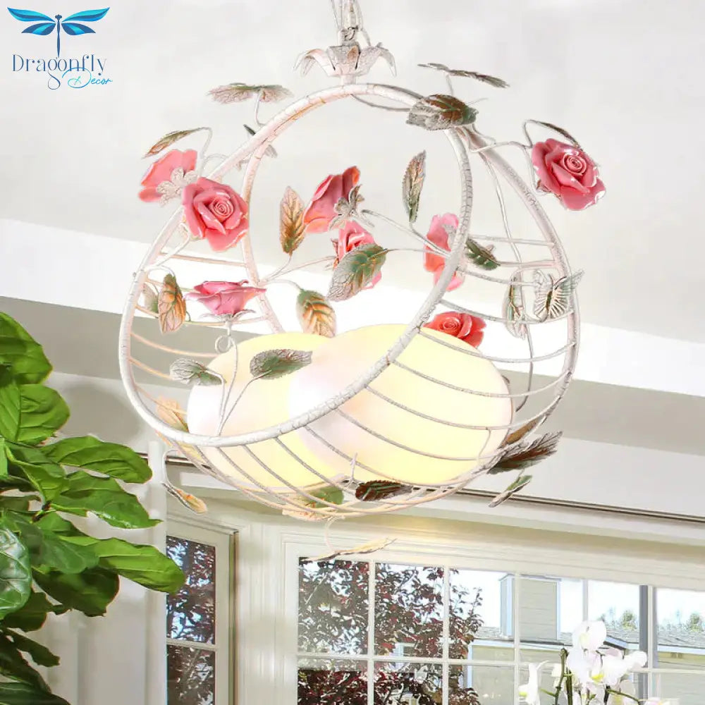 2 Lights Hanging Pendant Lamp Pastoral Living Room Chandelier With Bird Egg White Glass Shade