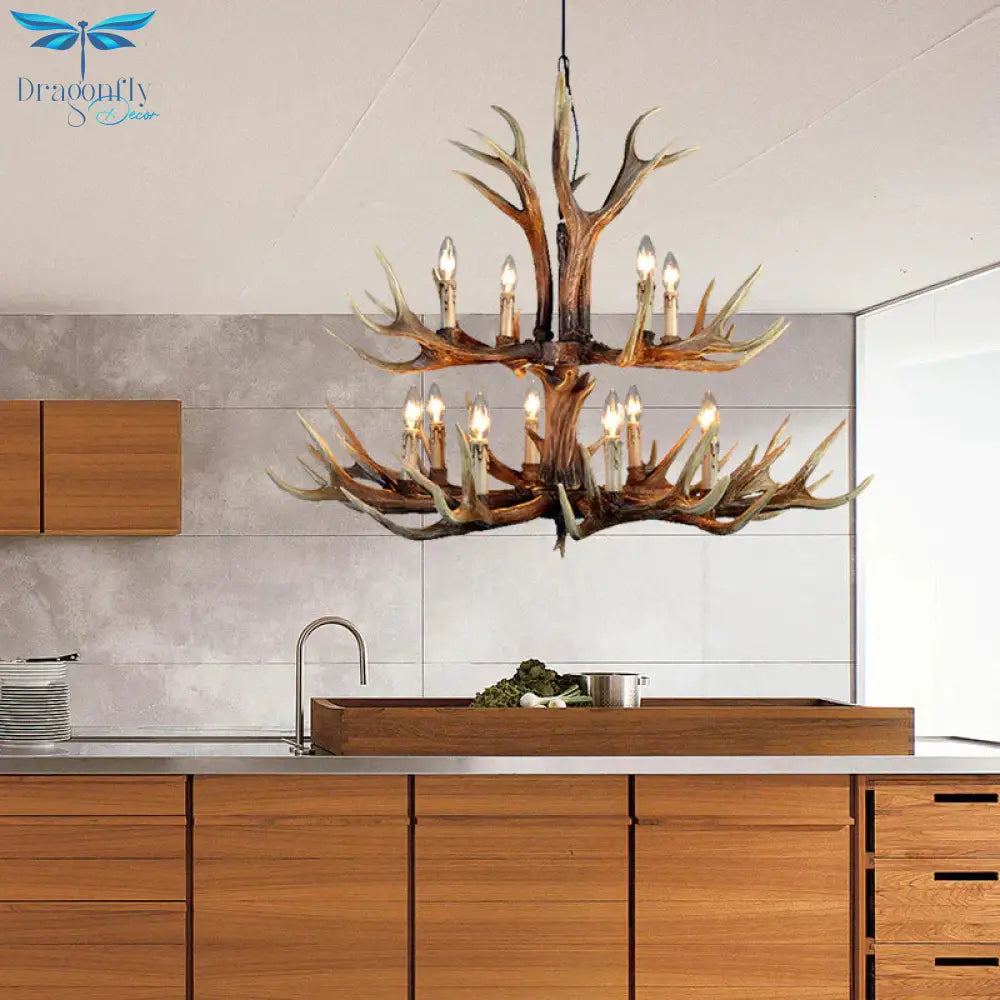 2 - Tier Hanging Lamp Rustic Resin 12/15 Bulbs Brown Chandelier Pendant Light For Kitchen Island