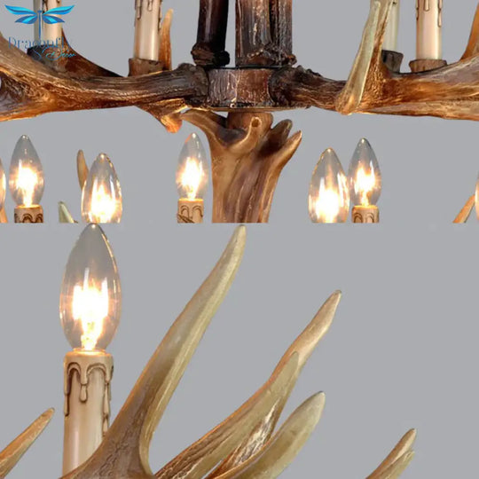 2 - Tier Hanging Lamp Rustic Resin 12/15 Bulbs Brown Chandelier Pendant Light For Kitchen Island