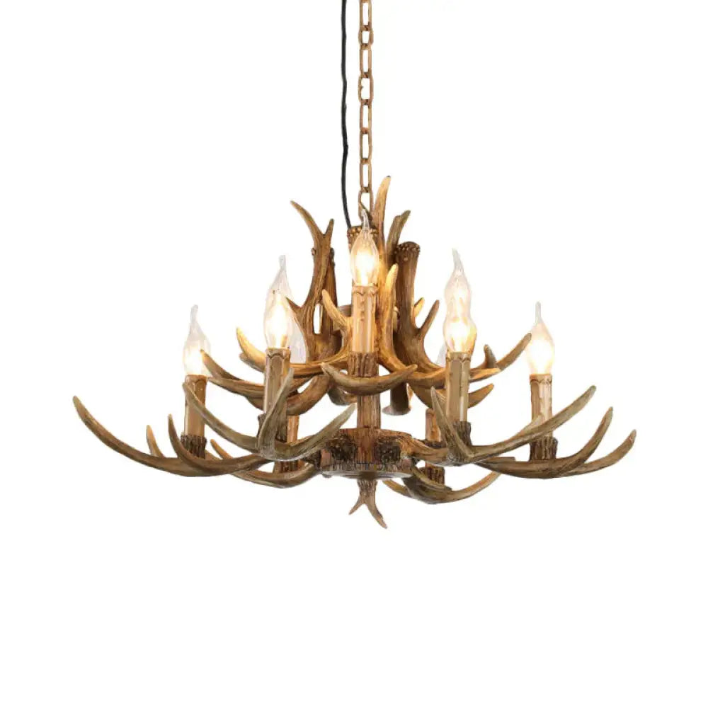 2 - Tier Living Room Hanging Lamp Traditional Resin 9 Bulbs Brown Chandelier Pendant Light