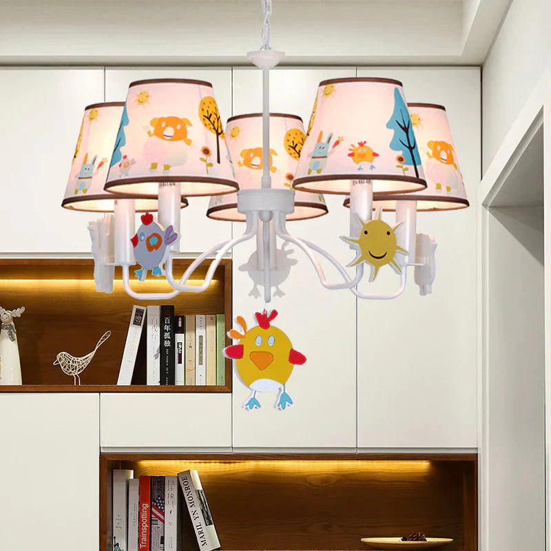 Fabric Tapered Shade Hanging Lights Cartoon Ceiling Lamp In White For Bedroom