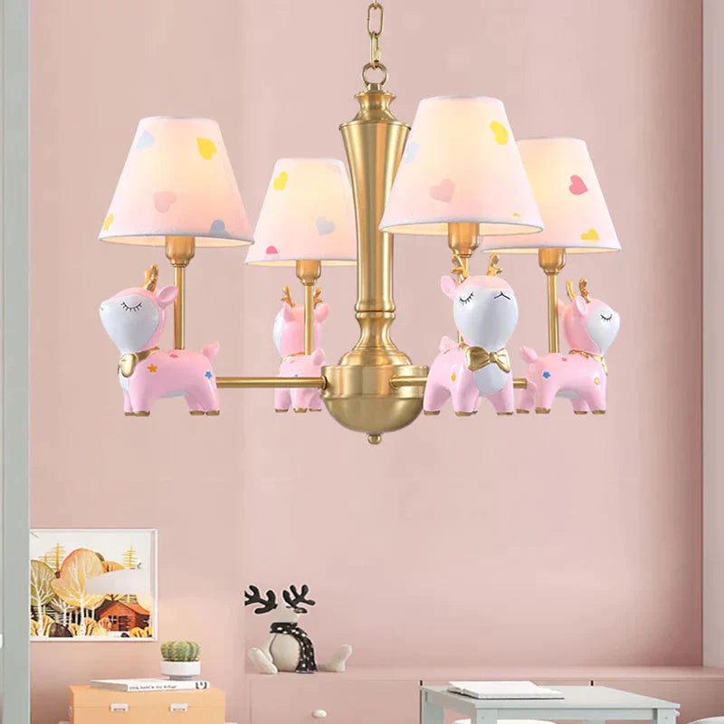 Contemporary Tapered Shade Hanging Light Fixture With Deer Metal Chandelier For Living Room