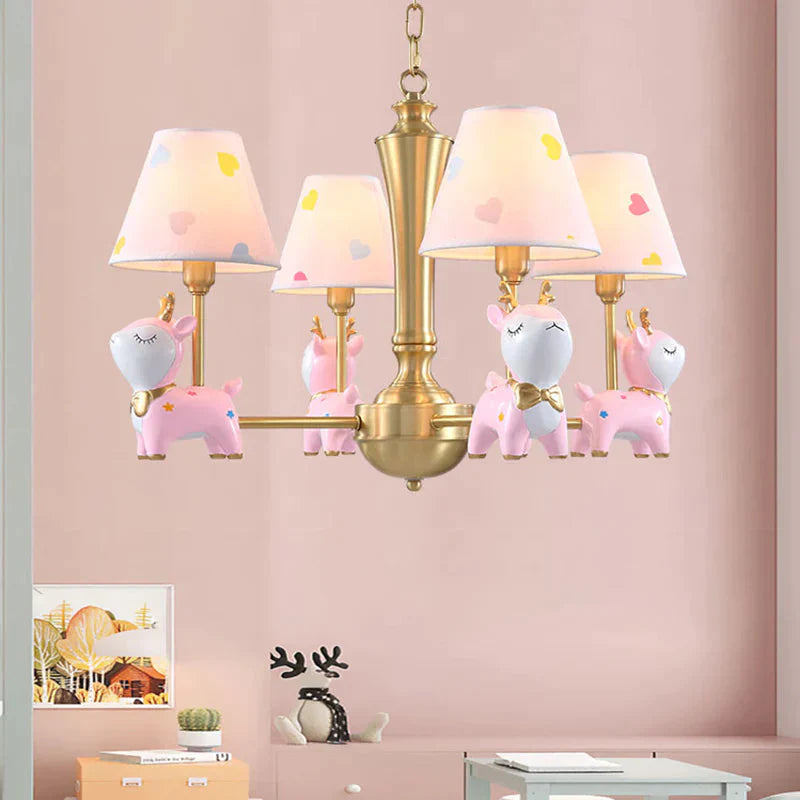 Contemporary Tapered Shade Hanging Light Fixture With Deer Metal Chandelier For Living Room 4 / Pink