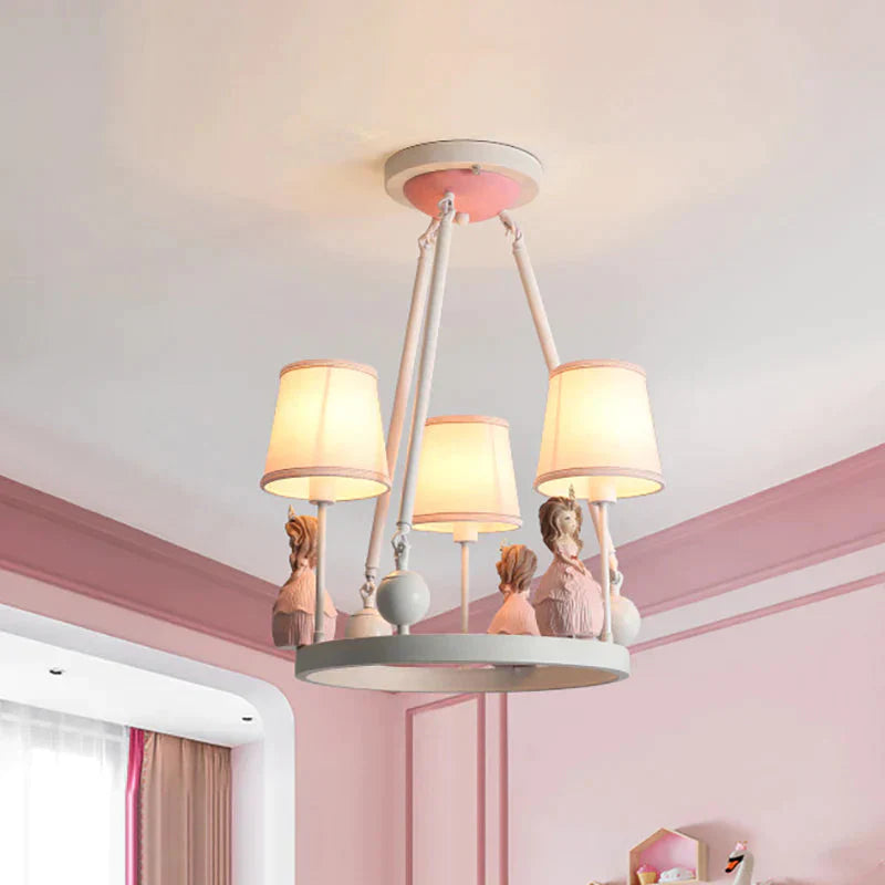 Pink Tapered Shade Hanging Pendant Lights With Princess Cartoon Fabric Chandelier For Girls Bedroom