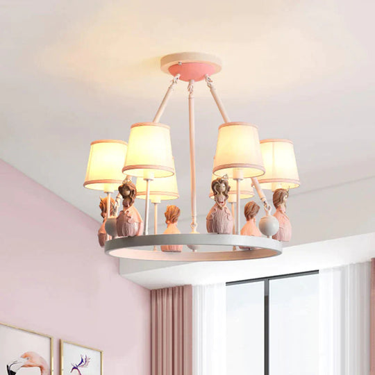 Pink Tapered Shade Hanging Pendant Lights With Princess Cartoon Fabric Chandelier For Girls Bedroom