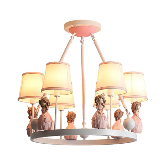 Pink Tapered Shade Hanging Pendant Lights With Princess Cartoon Fabric Chandelier For Girls Bedroom