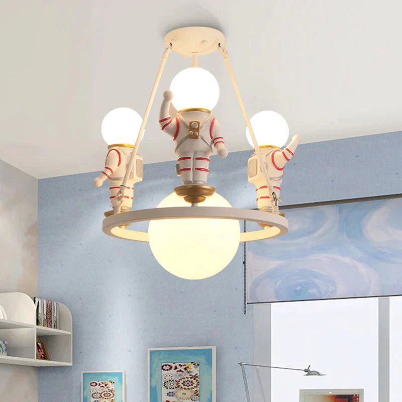 Nordic Spaceman Hanging Light Fixtures Iron Chandelier In White For Kid Bedroom