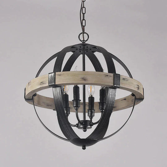 Country Style Wood Strap Globe Pendant Chandelier In Black 4 /
