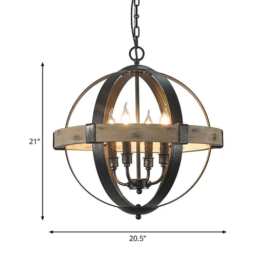 Country Style Wood Strap Globe Pendant Chandelier In Black