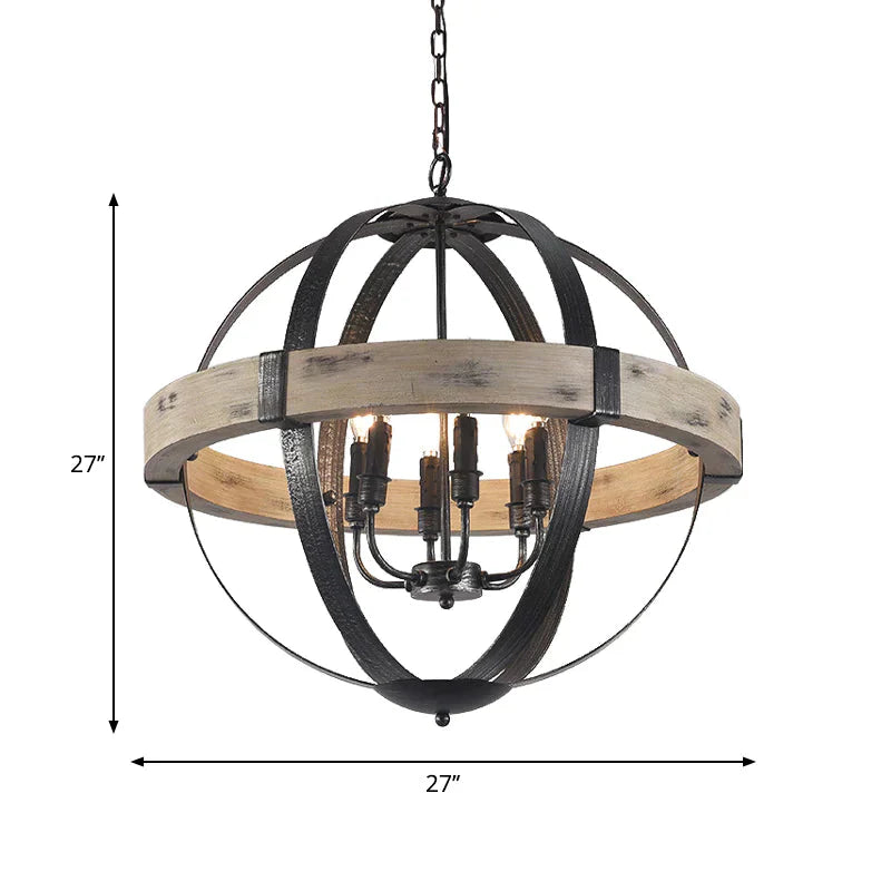 Country Style Wood Strap Globe Pendant Chandelier In Black