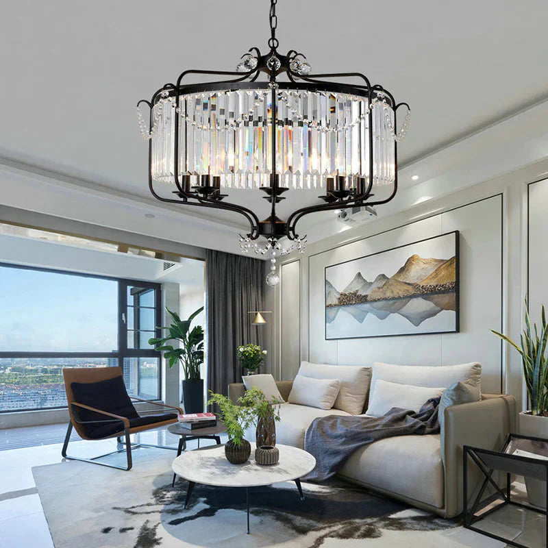 Round Crystal Chandelier Lamp Industrial Style With Wire Cage For Living Room