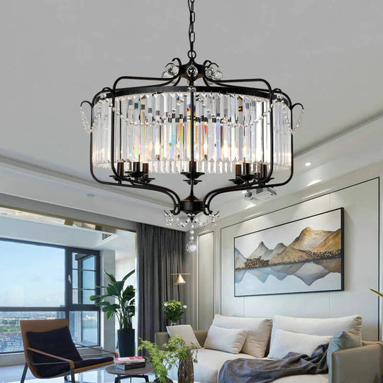 Round Crystal Chandelier Lamp Industrial Style With Wire Cage For Living Room