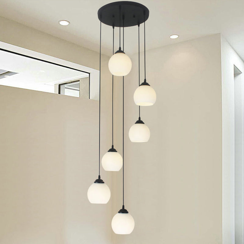 Spiral Milky Glass Multi Pendant Simple Hanging Ceiling Light In Black For Stairs Lighting