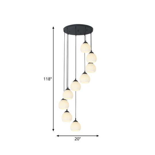 Spiral Milky Glass Multi Pendant Simple Hanging Ceiling Light In Black For Stairs Lighting