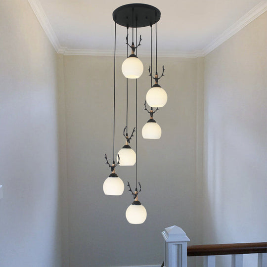 Spiral Milky Glass Multi Pendant Simple Hanging Ceiling Light In Black For Stairs 6 / White B