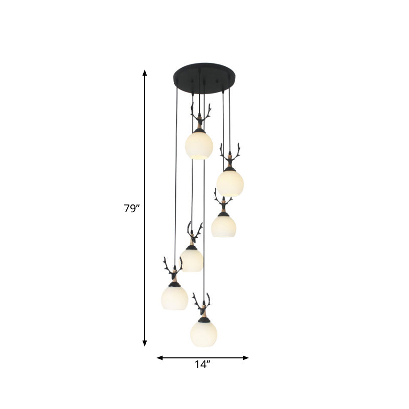 Spiral Milky Glass Multi Pendant Simple Hanging Ceiling Light In Black For Stairs Lighting