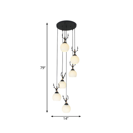 Spiral Milky Glass Multi Pendant Simple Hanging Ceiling Light In Black For Stairs Lighting