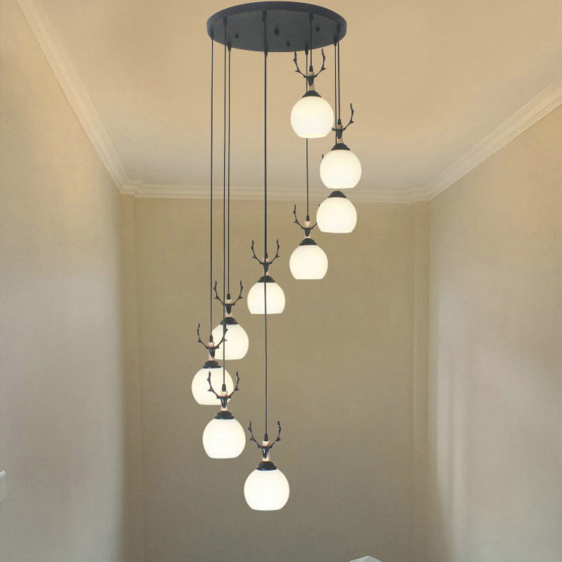 Spiral Milky Glass Multi Pendant Simple Hanging Ceiling Light In Black For Stairs 9 / White B